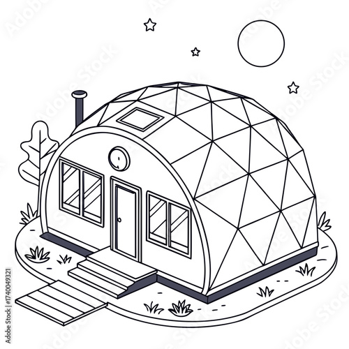Illustration of a geodesic dome house with a chimney, surrounded by grass, a sustainable and ecofriendly home design with geometric patterns