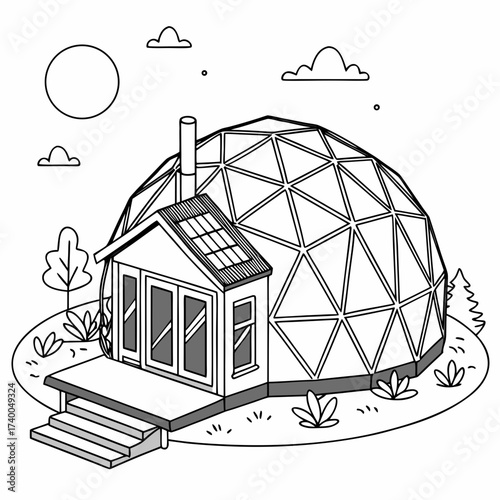 Illustration of a geodesic dome house with solar panels, a porch, and a chimney, surrounded by nature, showcasing sustainable living