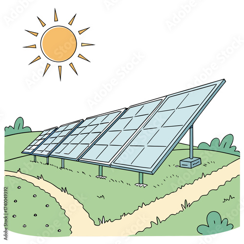 Sunny day with solar panels lined up on a grassy hill with paths leading through the landscape