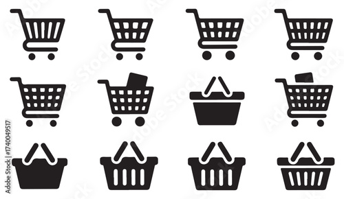 Vector illustration set of shopping basket and trolley icons representing buy, sell, and store transaction concepts.