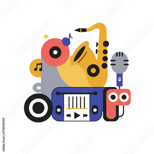 Colorful illustration of a saxophone, microphone, record, and music player arranged in a vibrant, abstract composition.