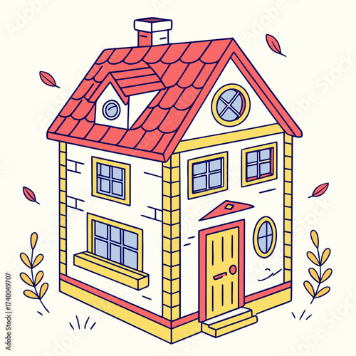 A charming twostory house with a red tiled roof, yellow walls, and blueframed windows, surrounded by autumn leaves and stylized plants, a cozy home illustration