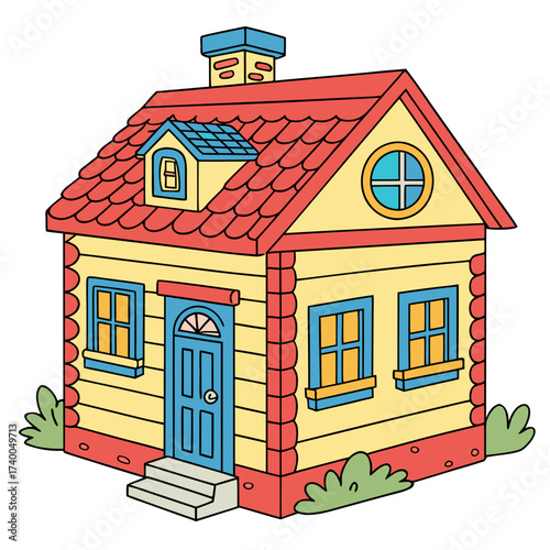 A delightful twostory house with a red tiled roof, yellow walls, and blueframed windows, surrounded by green bushes a cozy home illustration