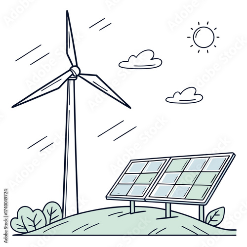 Clean energy sources wind turbine and solar panels on a hill under a sunny sky with clouds and wind