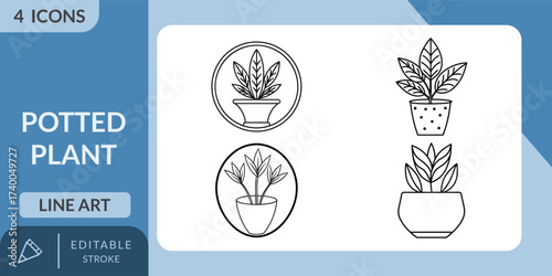 Potted Plant Line Art Icons Set - Houseplants, Greenery, Nature Vector