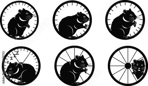 Hamster in wheel silhouette vector set of six poses including standing, sleeping, eating, peeking for pet and animal illustration