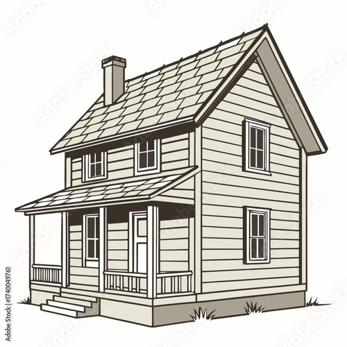 Illustration of a charming twostory house with a cozy porch, a classic chimney, and a welcoming set of steps leading to the entrance