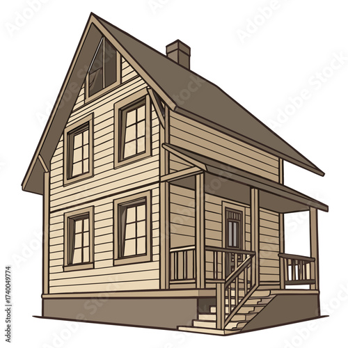 Illustration of a charming twostory cabin with a cozy porch, a classic chimney, and a welcoming set of steps leading to the entrance