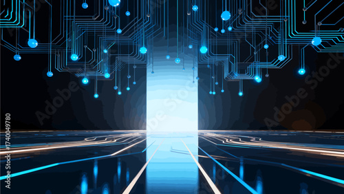 Futuristic digital circuit corridor with glowing pathways