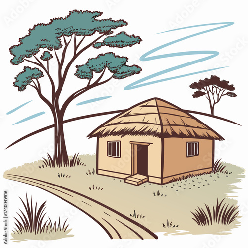 A traditional african hut nestled in the savanna, with a thatched roof and earthen walls, surrounded by trees and a winding path, a glimpse into rural life