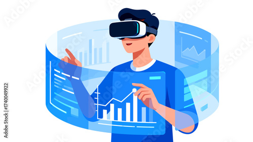 Person using virtual reality headset with data charts