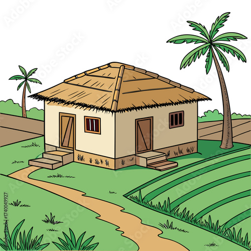 A quaint village house with a thatched roof, nestled amidst lush rice paddies and swaying palm trees, a serene scene of rural life and agricultural harmony