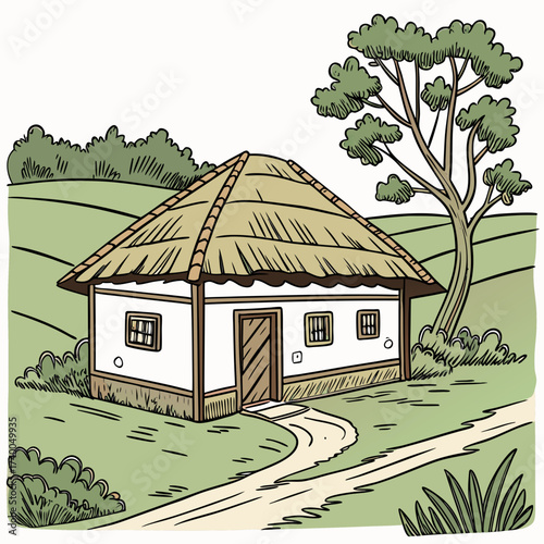 A charming ukrainian village house, nestled amidst rolling green hills and lush trees, evokes a sense of tranquility and rustic beauty in a whimsical illustration