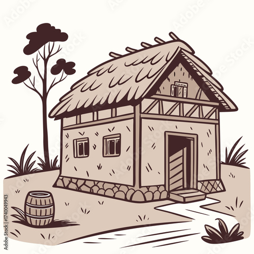 A rustic timbered house, with a thatched roof and a barrel nearby, stands as a testament to simple living in a vintageinspired illustration