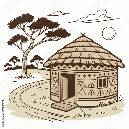 An african hut, with a conical thatched roof and tribal decorations, stands proudly in a vast landscape with acacia trees under a bright sun illustration