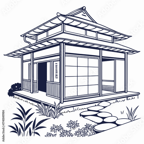 Tranquil japanese tea house surrounded by lush greenery and a stone path, evoking a sense of serenity and harmony with nature