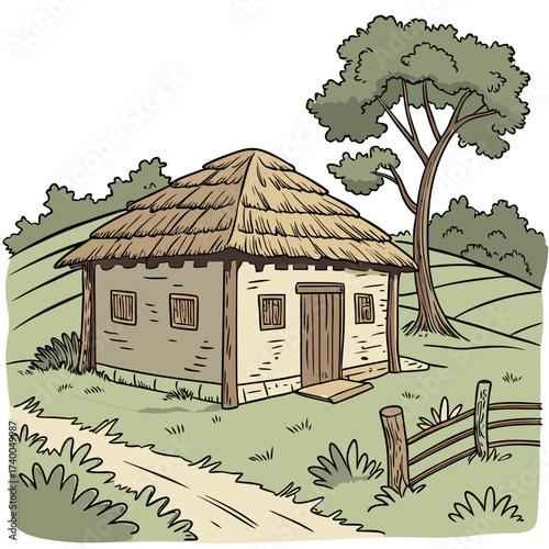Charming ukrainian house in a picturesque landscape with thatched roof, surrounded by lush greenery, a winding path, and a rustic wooden fence, evoking a sense of rural tranquility