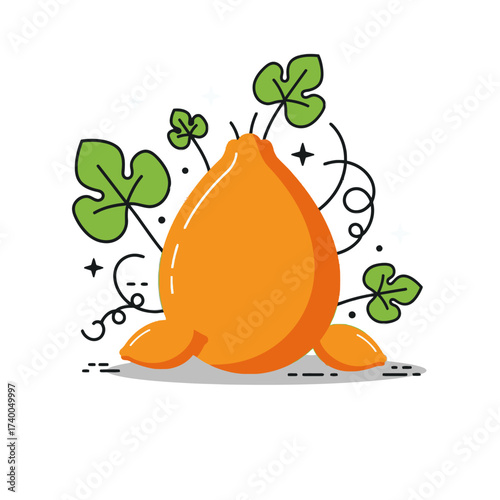 Stylized illustration of an orange squash or pumpkin seed surrounded by green leaves and decorative elements.