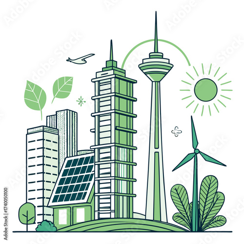Modern green city skyline with sustainable energy sources like solar panels and wind turbines under a bright sun