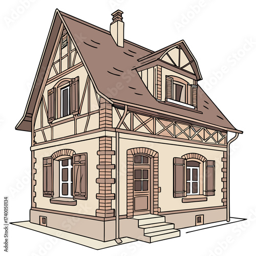 Illustration of a quaint twostory house with a halftimbered facade, gable roof, and dormer windows, the house has a charming and inviting appearance