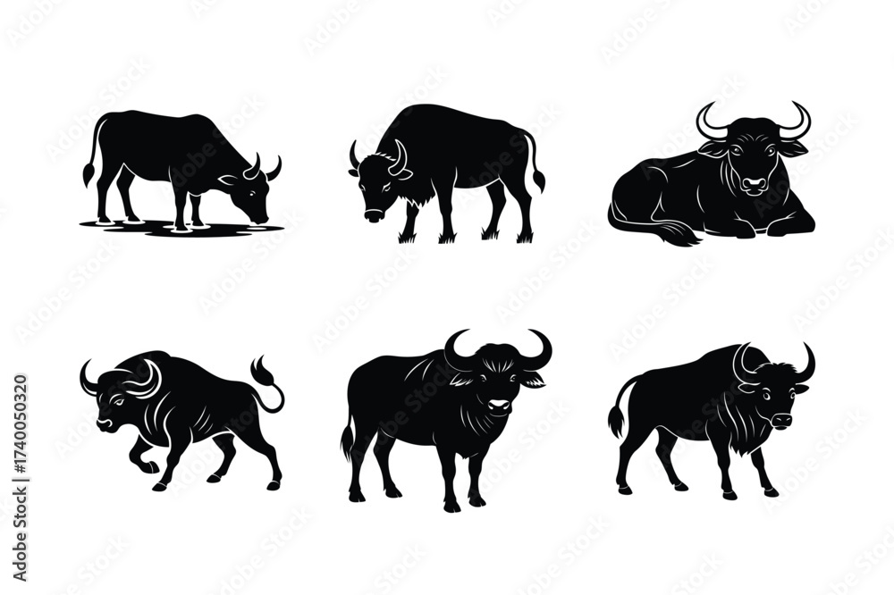 Naklejka premium Buffalo Silhouette Vector Set – Black Bull Icons Collection