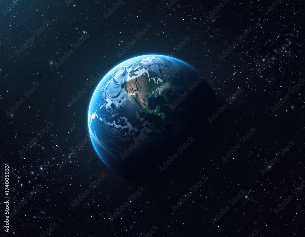 Fototapeta premium A solitary planet drifts serenely through the inky blackness of space, its surface a swirling mix of vibrant blues and greens, illuminated by distant stars, colors, universe, blue