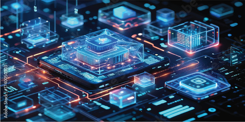 Futuristic digital technology illustration showing microchips, servers, and data processing in a high-tech abstract design.