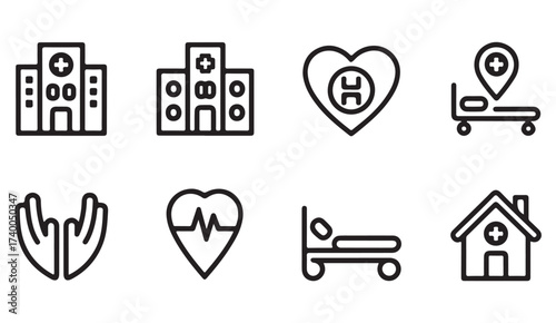 Vector illustration set of hospitals, first aid, ambulance, and diagnostic equipment for health and wellness themes.