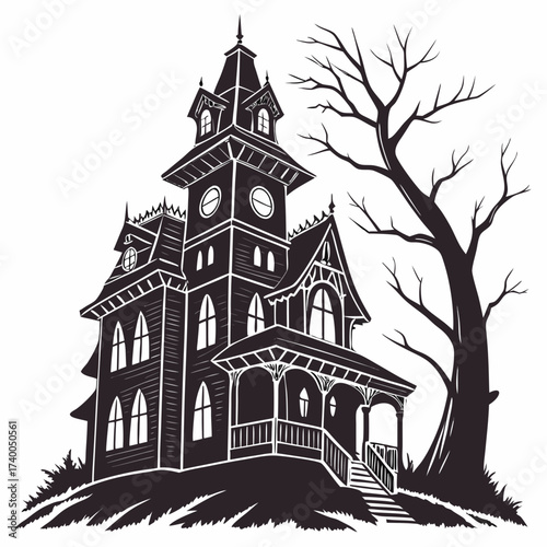 Illustration of a haunted house, a spooky mansion with eerie architecture, bare tree, evoking a sense of mystery and suspense for halloween