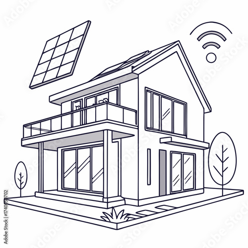 Illustration of a modern smart home with solar panels and wireless connectivity, showcasing sustainable living and energy efficiency