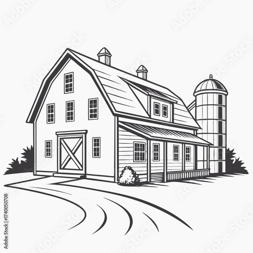 Detailed black and white illustration of a classic american barn with a silo, showcasing rural architecture and agricultural heritage farm building design
