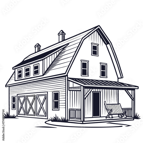 A charming monochrome illustration of a classic american barn, , showcasing its architectural details and rustic charm in a simple yet elegant design