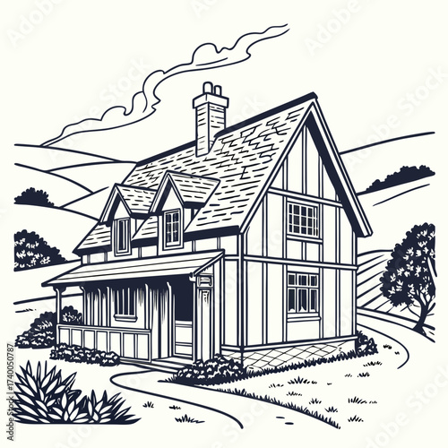 A picturesque monochrome illustration of a classic tudorstyle house, , nestled in a serene landscape with rolling hills and lush trees, exuding timeless elegance