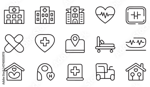 Collection of hospital and healthcare facility outline icons with ambulance, cross, and heart symbols in vector style.