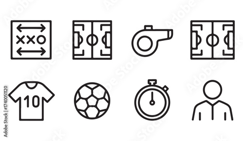 Soccer training and sports management vector icons showing referee, stopwatch, and stadium-related designs.