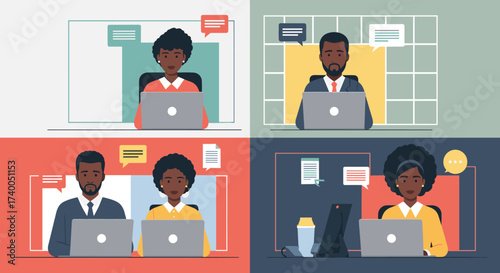 Diverse professionals collaborating and communicating remotely in virtual workspaces