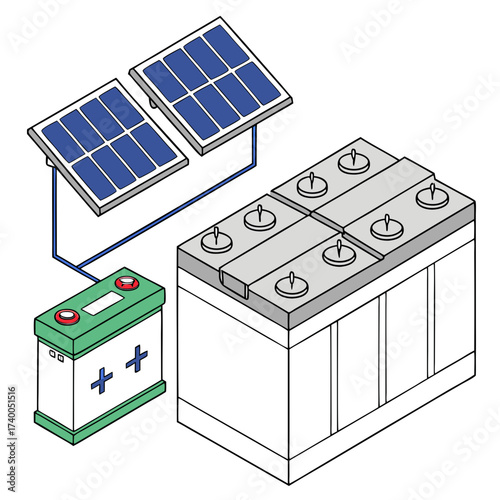 Illustration of solar panels connected to a car battery and a larger battery bank for renewable energy storage and power generation
