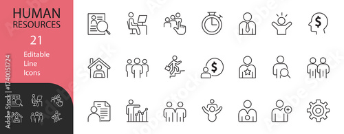 Human Resources line icon set. Contains symbols for recruitment, management, employee, career growth, and salary. Line vector design for corporate presentations and HR workflow.