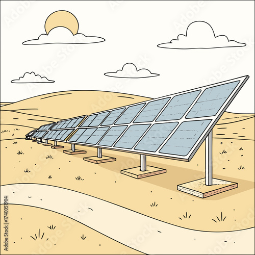A row of solar panels stands in a sunny arid landscape with rolling hills and a path leading towards them