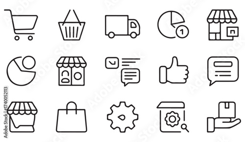 E-commerce and business line icons showing digital sales, store analytics, and customer service concepts.