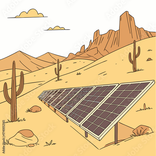Solar panels are installed in a stylized desert landscape with cacti and mountains under a cloudy sky