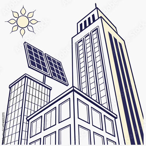 Modern city buildings with solar panels on the roof under a bright sun representing renewable energy and sustainable urban development