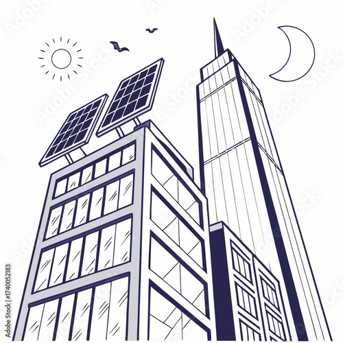 Modern city buildings with solar panels on the roof under a sun and moon sky with birds flying