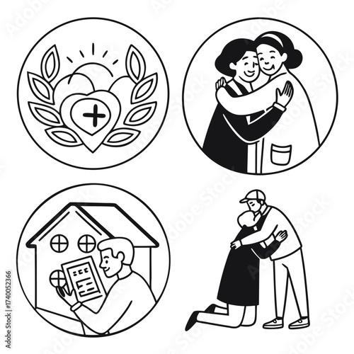 Friendly interactions line art illustrations