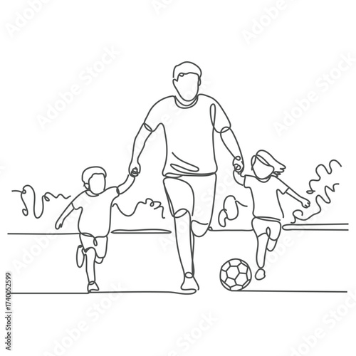 One single line drawing of young father run and play football soccer with his son and daughter at public park, vector illustration. Happy family parenting concept. Modern continuous line draw design.