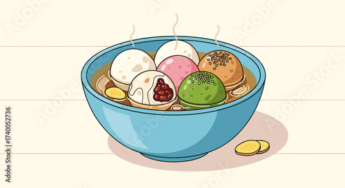 Warm Sweet Soup with Colorful Mochi Balls Delicious Dessert