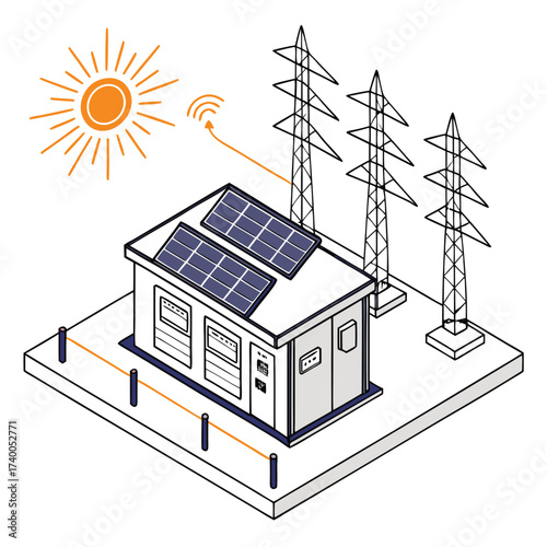Illustration of a solar powered energy station connected to power lines showing renewable energy generation and distribution for a sustainable future