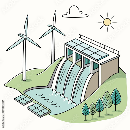 Illustration of a sustainable energy landscape featuring wind turbines a hydroelectric dam with flowing water solar panels trees a sun and a cloud