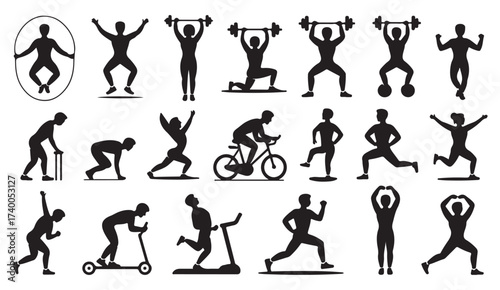 Collection of fitness and gym exercise silhouettes of people running, cycling, stretching, and lifting weights in vector style.