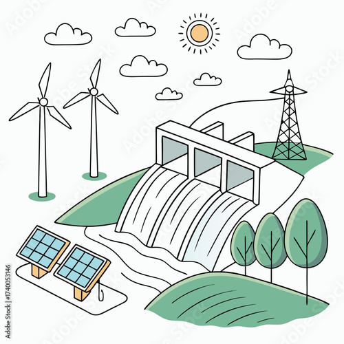 Clean energy sources including wind turbines solar panels and a hydroelectric dam powering a transmission tower with sun and clouds